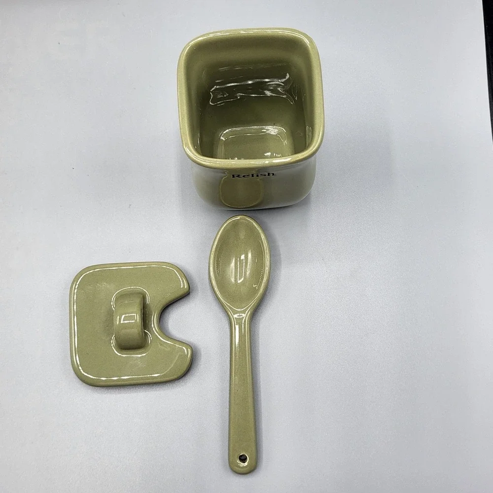 Longaberger Condiment Set Mustard Relish Jars Tray Spoons Ceramic Replacement